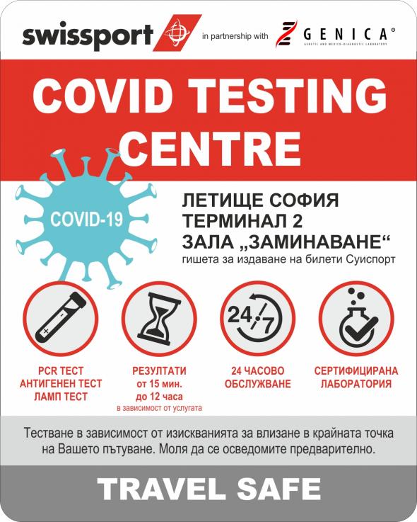 Операторът за наземно обслужване Swissport организира денонощна сертифицирана лаборатория за PCR, антигенен и ламп тест за Covid-19 на Терминал 2 на летище София